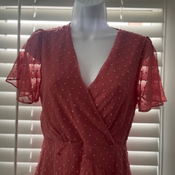 Lulu's Next to You Rusty Rose Swiss Dot Ruffled Midi Dress - Picture 7 of 12